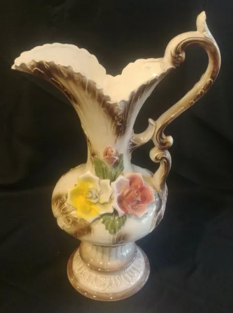 Antique Capodimonte Large Porcelain Pitcher Vase Italy 18 1/2" Tall Ornate Roses