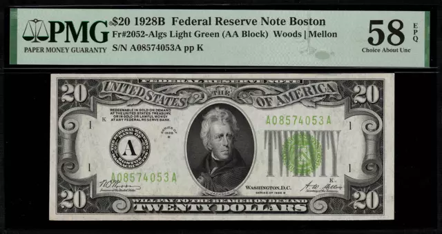 1928B $20 Federal Reserve Note Boston FR.2052-A - Light Green Seal - PMG 58 EPQ
