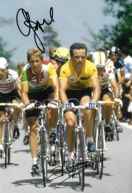 bernard hinault greg lemond in action tour de france 1985 signed 12x8 photo