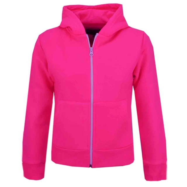 Felpa con cappuccio unisex pile semplice rosa neon stile cerniera per bambine età 2-13 anni