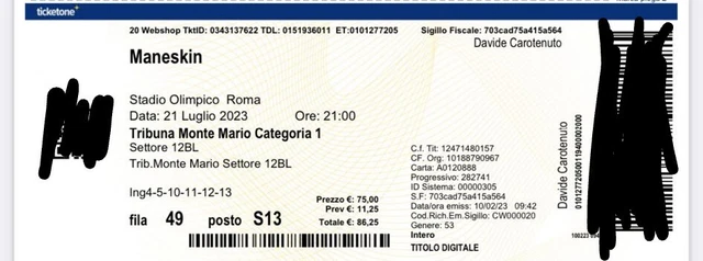 2 biglietti concerto Maneskin (Roma)