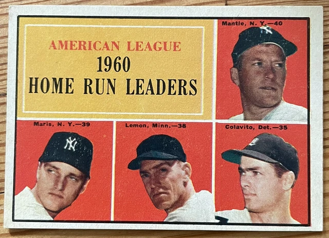 1961 Topps #44 AL 1960 HOME RUN LEADERS - MICKEY MANTLE ROGER MARIS, Sharp Card 1961 Topps #44 AL 1960 HOME RUN LEADERS - MICKEY MANTLE ROGER MARIS, Sharp Card