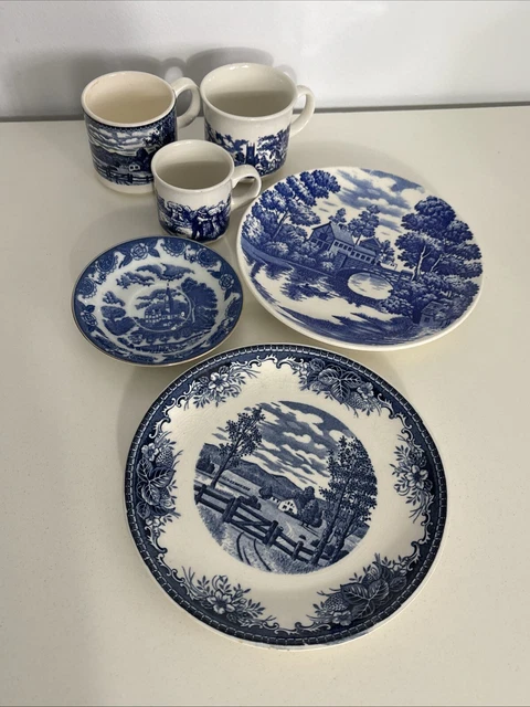 VINTAGE BULK LOT of Blue White China Country Scenes Side Plates