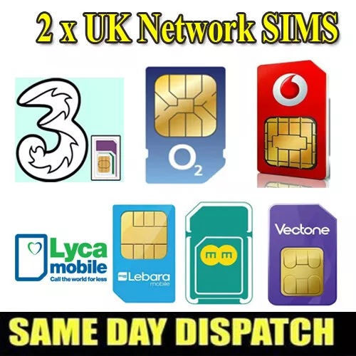 2 x UK PAYG SIM Cards O2 EE Vodafone Three Lyca Lebara Giffgaff Smarty VOXI LOT