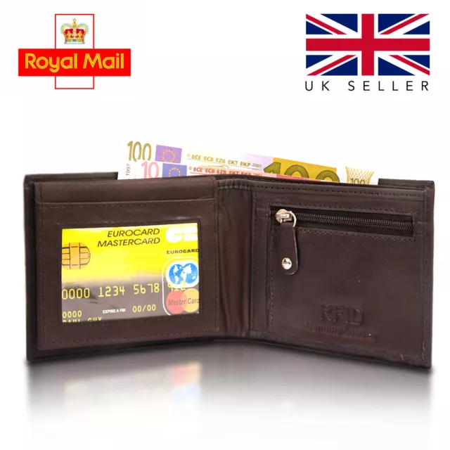 RFID Blocking Mens Leather Wallet Credit ID Card Holder Coin Pocket with Zipper