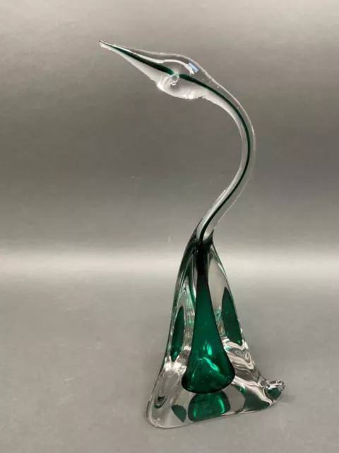 Bird Art Glass Gree/ clear free form  Artist  Signed & No. Studio Figurine  NICE