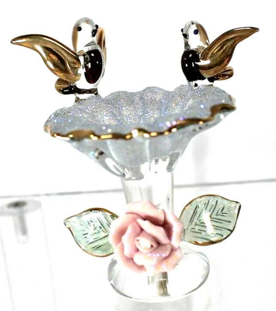 Vintage Glass Bird Fountain With Two Gold Birds Pink Rose 2.5" Tall Animals