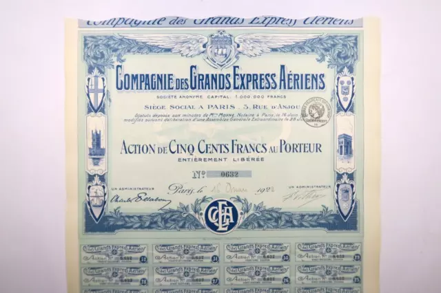 Compagnie Des Grands Express Aeriens Action De 500 Francs Paris 1922 + Coupons