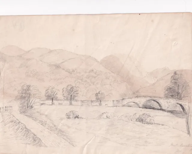 River landscape trees pencil drawing English school antique 19th century 2
