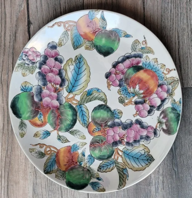 Chinese Hand Painted Decorative Ceramic Plate Floral Grape Pattern Gold Rim 10"
