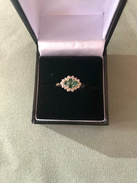 9ct Gold Emerald & Diamond Marquise Cluster Ring, Size K