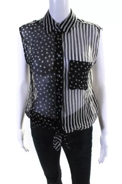 Equipment Femme Womens Chiffon Striped Collared Button Up Blouse Black Size S