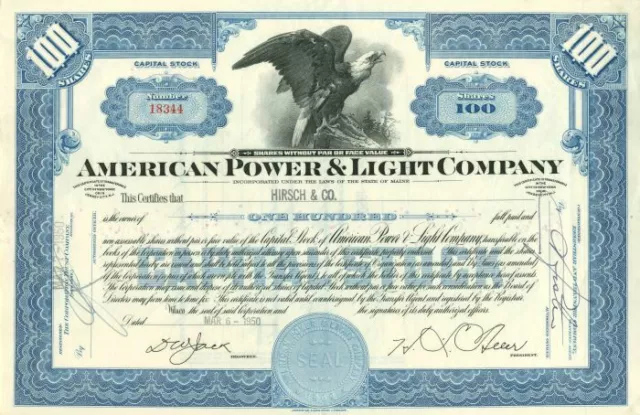American Power and Light Co. - Stock Certificate - Utility Stocks & Bonds