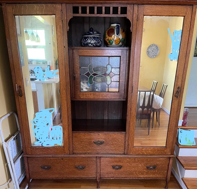 Unique antique wardrobe with Stained Glass and mirrors