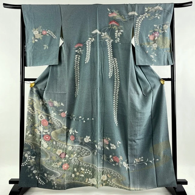 Japanese kimono  "HOUMONGI", Plants, Gold leaf, a Haze, Pale blue, L 5' 3"..3247