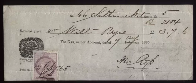 1865 GLASGOW GAS CO, 42 Virginia St, INLAND REVENUE 1d stamped Receipt