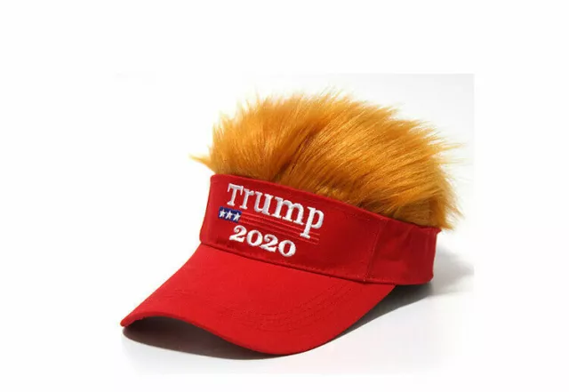 2020 President Donald TRUMP Red Trumpy Visor Hat w/Gold Hair Golf Cap Wig MAGA