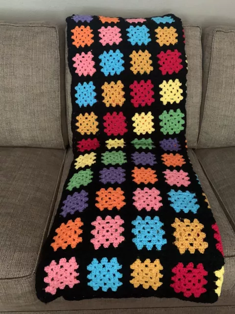 Handmade Black Granny Square Lap Size Afghan 51" x 38" Throw Blanket