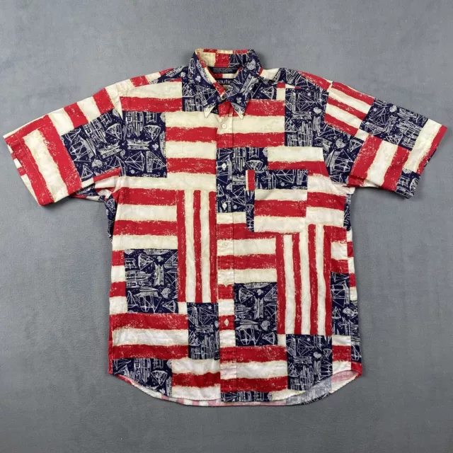 Vintage Nautica Shirt Men’s Medium USA American Flags Shirt Patriotic AOP Camp