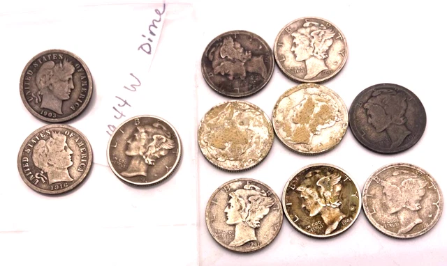 lot of estate sale find Ungraded US dimes 1903 thru 1940s including 1944W