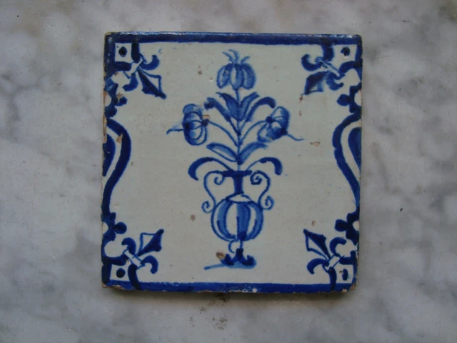 17th century delft handpainted dutch  tile with flowevase 1620