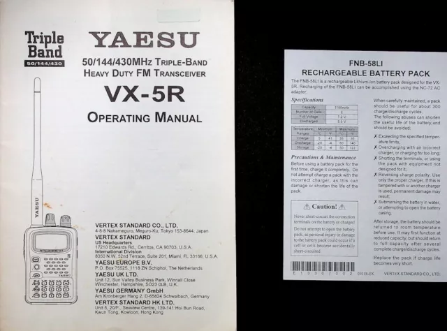 YAESU VX-5R HT TRANSCEIVER ORIGINAL INSTRUCTION MANUAL + DUAL SIDED 11x17" DIAGS