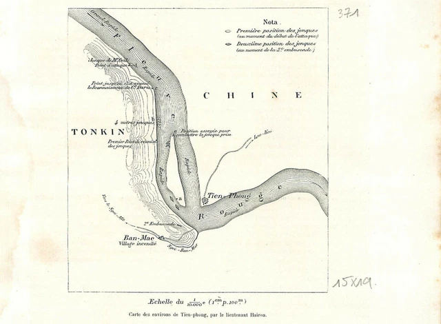Carte de Tieng-phong au bord du Fleuve Rouge Viêt Nam Tonkin Chine GRAVURE 1888