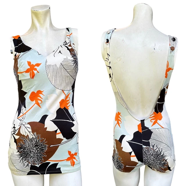 Vintage 70s Rose Marie Reid Open Back Printed Swimsuit Molded Cups Size: 14
