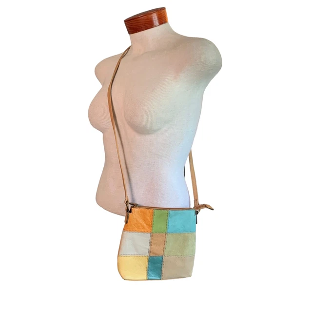 Fossil Suede Leather Colorful Patchwork Crossbody Purse Handbag Zip Pockets