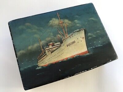 Fedoskino Russian Lacquer Box With Ship Cruiser Hand Painted 1934