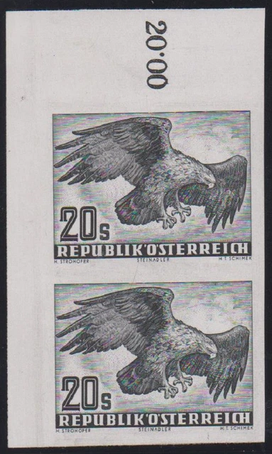 Österreich ANK 973PUI MI 968PIV Flugpost Vögel 20 S ungezähnt Paar Kartonpapier