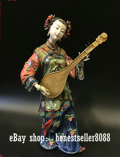 11" Wucai Porcelain Pottery Beauty Belle Women Lady Play Pipa Sing singer Statue