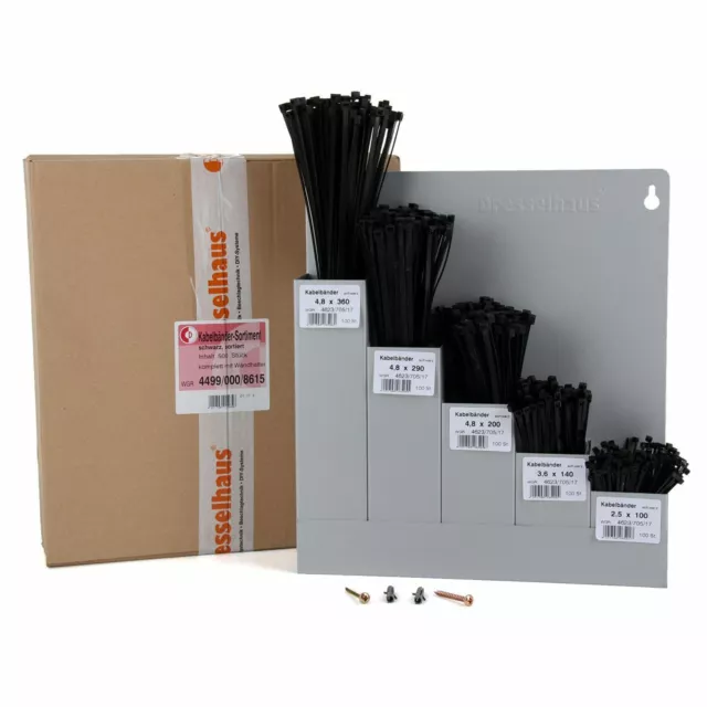 500x DRESSELHAUS Kabelbinder Kabelband Wandhalter Sortiment Box gefüllt schwarz