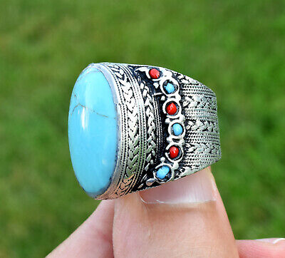 Turkmen Blue Turquoise Stone Ring Tribal Kuchi Silver Afghan Ethnic Tower Carved