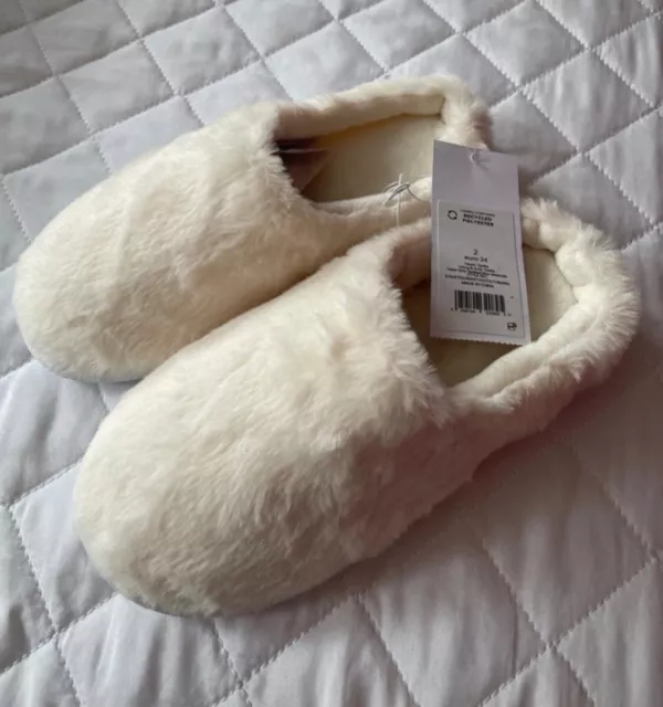 🤍 GIRLS SLIPPERS Size 2 Mules Cream Fluffy New Spring Summer Shoes ...