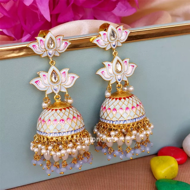 Indian Bollywood Style Light Blue Meenakari Lotus Jhumka Earring for Wedding