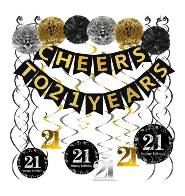 21th Birthday Party Decorations KIT - Cheers to 21 Years Banner, Sparkling...