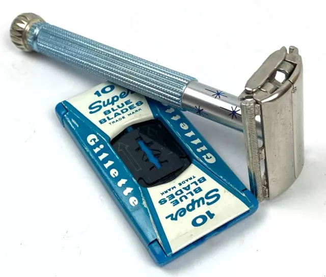 Gillette 1960's M-2 Blue Starburst Ladies DE Safety Razor Blue Handle w/ Blades