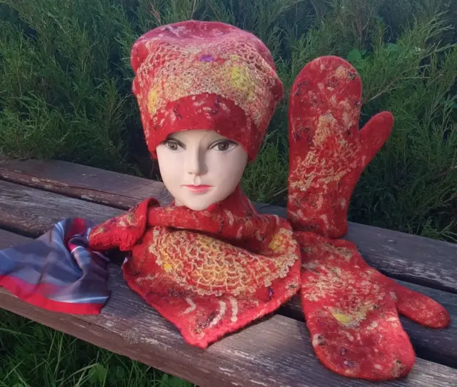 Womens felted set of hats beanie scarf mittens.coral felted set.felted set as