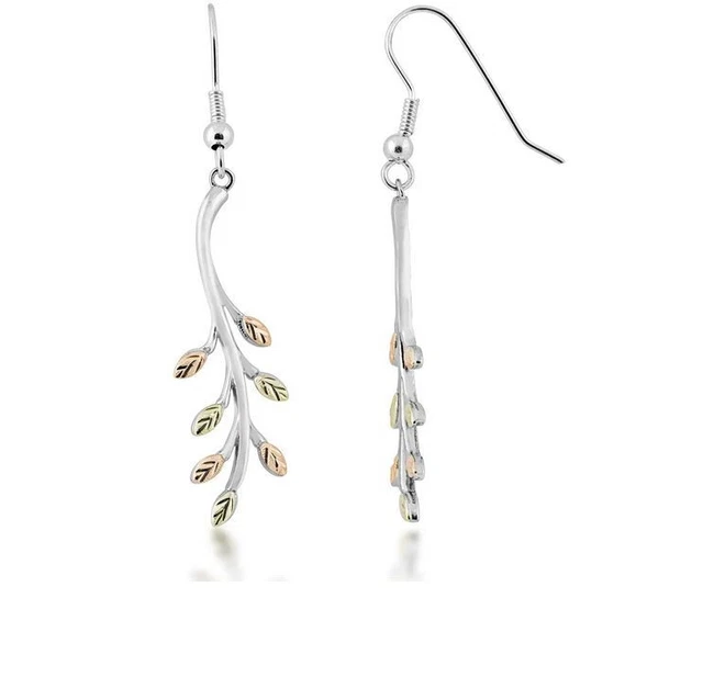 12k Black Hills Gold & Silver Pink & Green Leaf Dangle Earrings