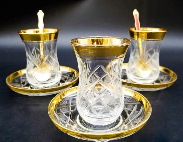 Turkish Tea or Espresso Cups & Saucers Set of 3 & 2 Spoons