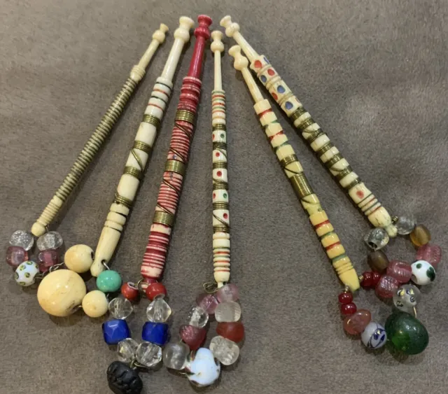 Lace Making Bobbins X 6- Antique Bone  Wired Wrapped With Spangle