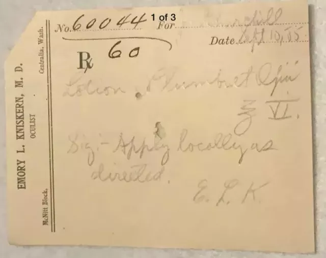 Antique Rx Prescription Form Opii 1905 Paper Ephemera Centralia WA Pharmacy