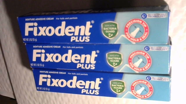 3 Boxes Fixodent Plus  Denture Adhesive Cream W Breath Bacteria Guard 2 Oz Boxes