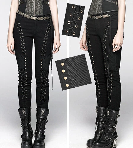 Pantalon jeans lacé gothique punk lolita métal steampunk clouté bronze PunkRave