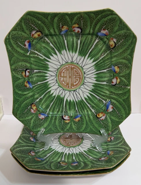 THREE ANTIQUE OCTAGON Famille Verte Bok Choy Chinese Cabbage Butterfly ...