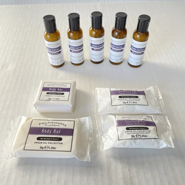 Paquete de colección de aceite de argán PHARMACOPIA 2 barras corporales 2 barras limpiadoras 5 lociones corporales