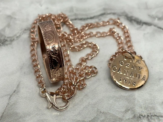 Canadian One Cent Coin Ring and Rose Gold Necklace Set Canada Handcrafted