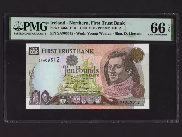 Northern Ireland:P-136a,10 Pounds,1998 * First Trust Bank * PMG Gem UNC 66 EPQ *