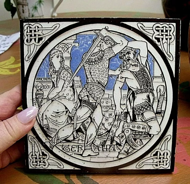ANTIQUE MINTON - MOYR SMITH - TENNYSON'S IDYLLS OF THE KING TILE - GERAINT c1876